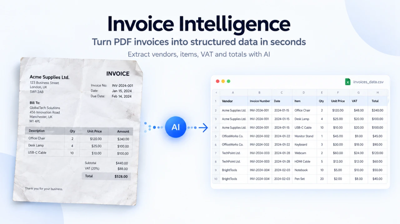 Invoice Intelligence: a PDF invoice passes through AI and becomes a spreadsheet with vendor, invoice number, date, item, quantity, unit price, VAT and total columns